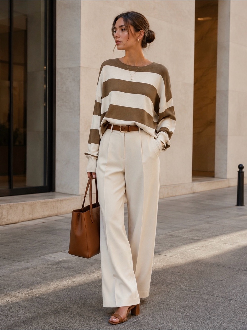 COS Oversized Striped Cotton Crewneck Sweater Brown Cream Size Large - Picture 3 of 14